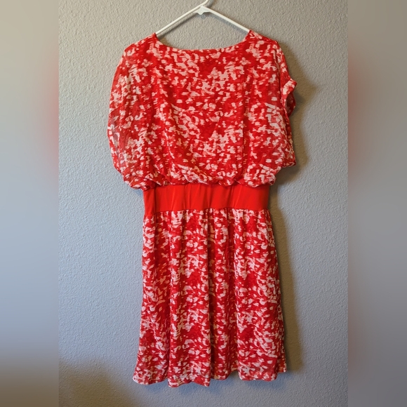 NWT H by Halston Coral Red Brush Stroke Dress Cap Sleeves Knee Length Sz. M - Picture 4 of 12
